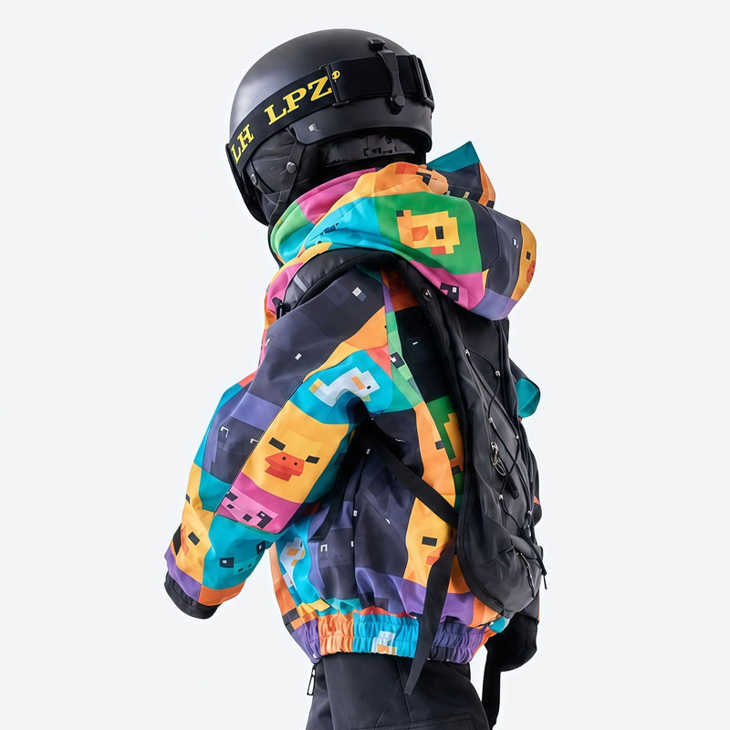 Kids print snowboard jacket with snow pants - multicolor print kids jacket, side view with backpack, for family resort trips
