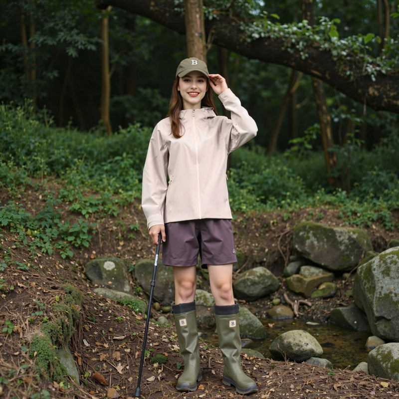 Women's lightweight hardshell rain jacket for trail - cream hardshell jacket, for mountain and forest outings