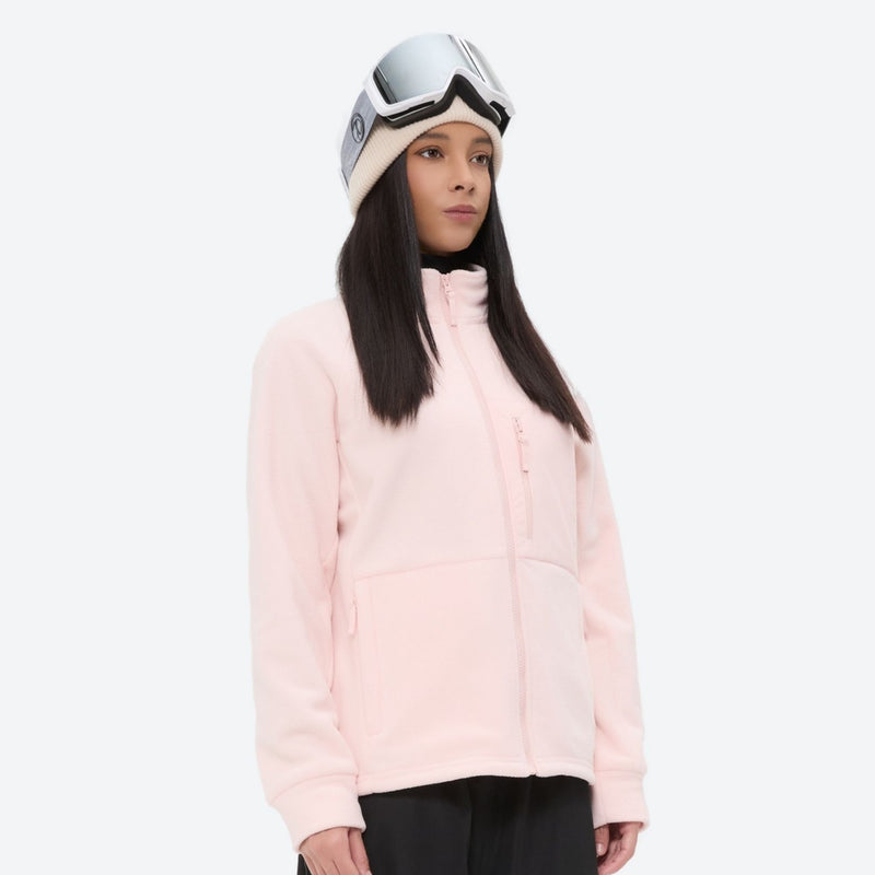 Soft warm fleece liner jacket for cold days - pink fleece liner jacket on women with goggles and beanie