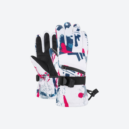Snow gloves with card pocket and pair clip - printed snow gloves pair, white pink print pair view, for winter mountain trips