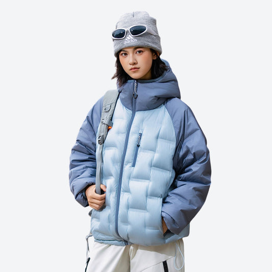 Warm waterproof down jacket with contrast panels - light blue color-block duck down jacket on women