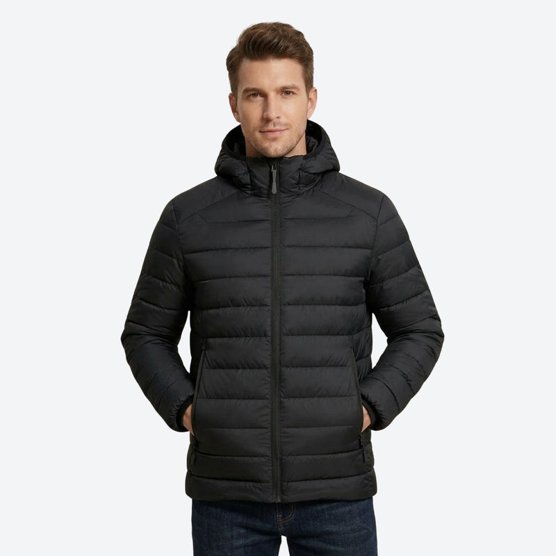 Lightweight down jacket and vest collection - black hooded down jacket on men, front standing view, for travel and city walks