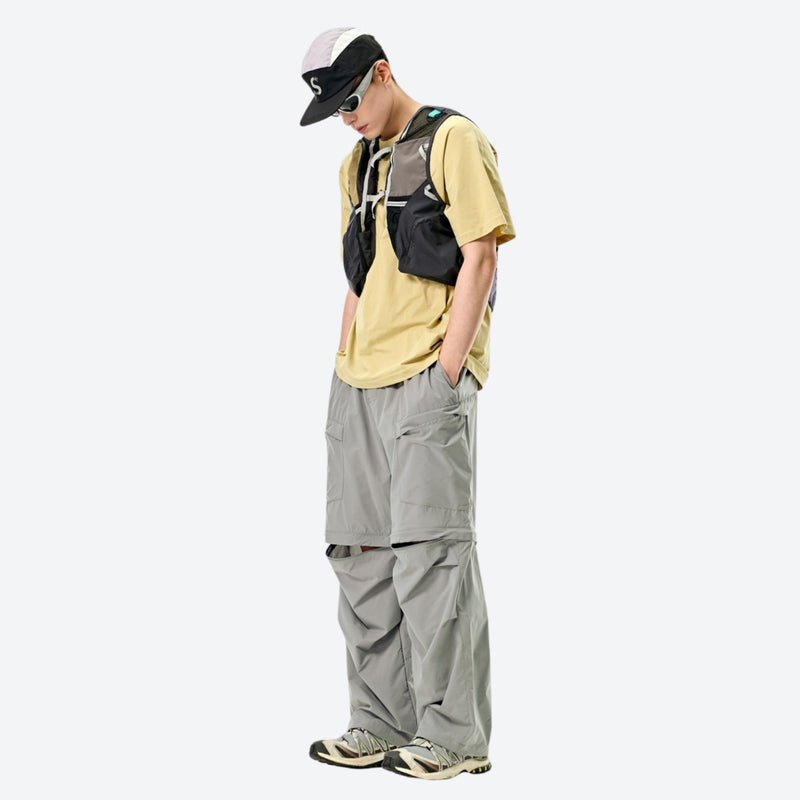 Sun-protection quick-dry convertible hiking pants - gray zip-off hiking pants with yellow tee, for hiking and trail walking