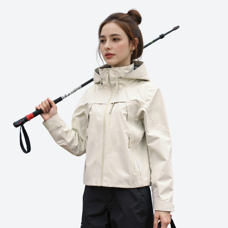 Women's breathable 3-layer hooded rain jacket - cream waterproof jacket, for hiking and trail walking