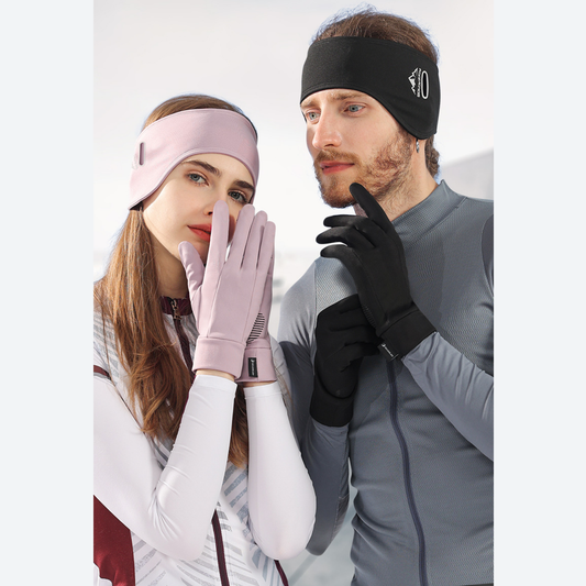 Breathable anti-odor touchscreen running gloves - pink and black breathable gloves on couple with headband