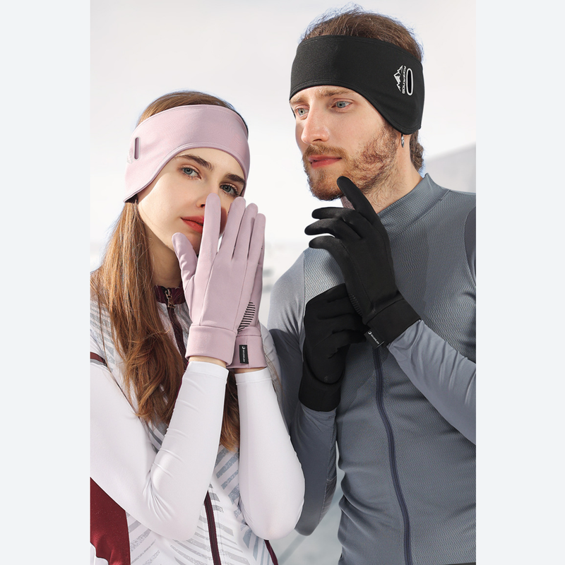 Breathable anti-odor touchscreen running gloves - pink and black breathable gloves on couple with headband