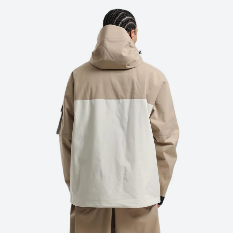 Men's breathable 2-layer snowboard jacket and pants - tan and cream colorblock, for powder days and winter commute