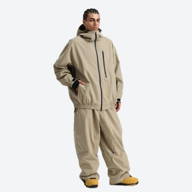 Breathable 3-layer ski pullover with balloon pants - tan jacket with tan pants, for resort and street wear