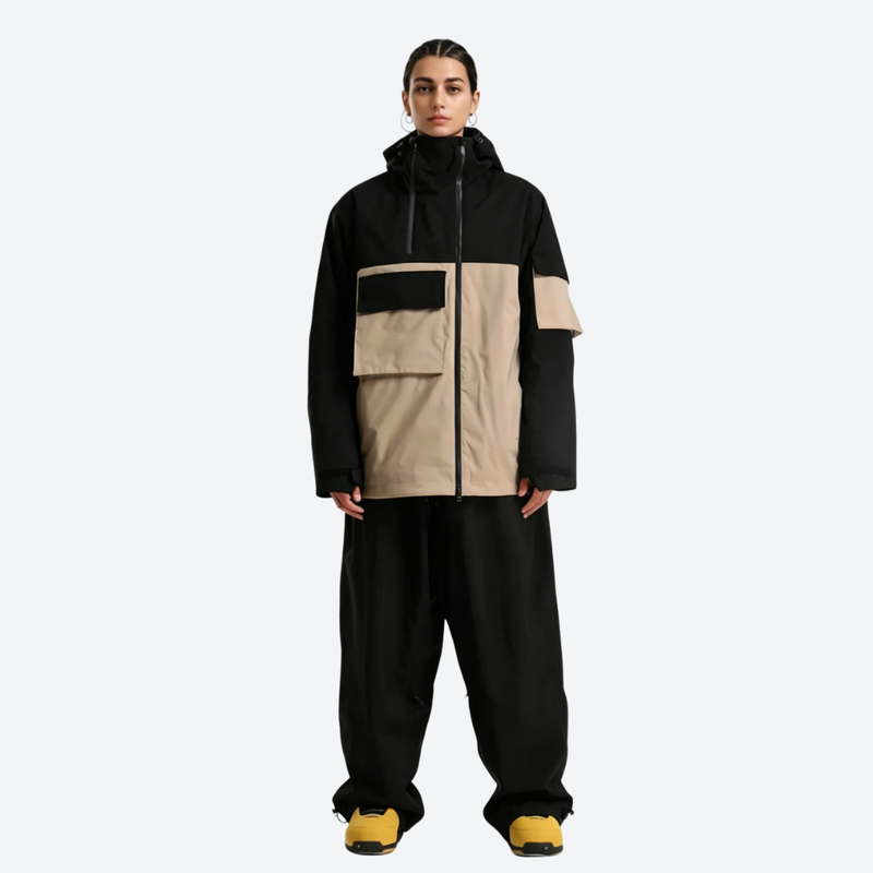 Women's waterproof 2L snow jacket and pants - black and tan colorblock jacket with black pants, on-model full-body front view