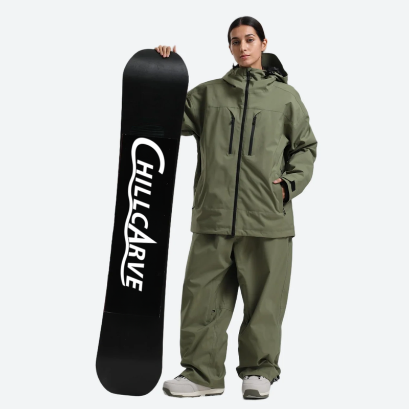 Women's 2-layer snowboard jacket and wide-leg pants - olive green jacket with olive pants, for cold-weather winter sports
