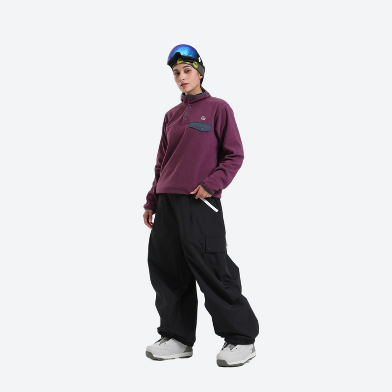 3-layer snowboard cargo pants - black snow pants with purple pullover, for skiing and snowboarding