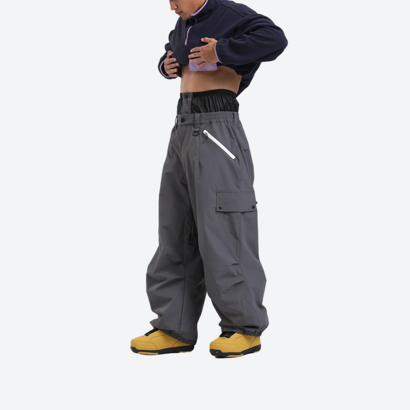 Waterproof 3L cargo snow pants - gray snow pants, waistband side close-up with lifted jacket, for resort and street wear