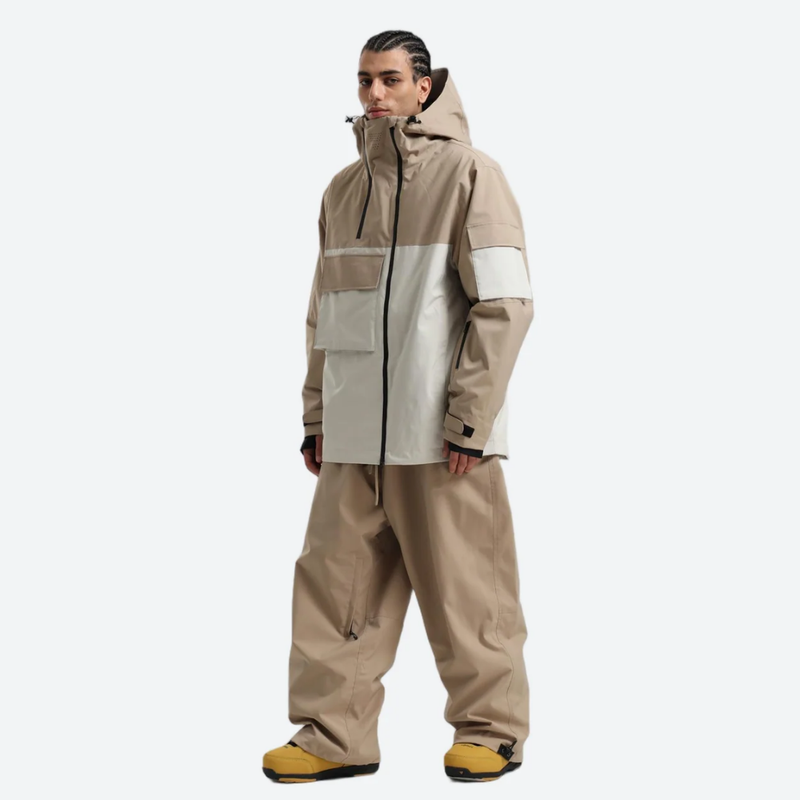 Men's breathable 2-layer snowboard jacket and pants - tan and cream colorblock jacket with tan pants