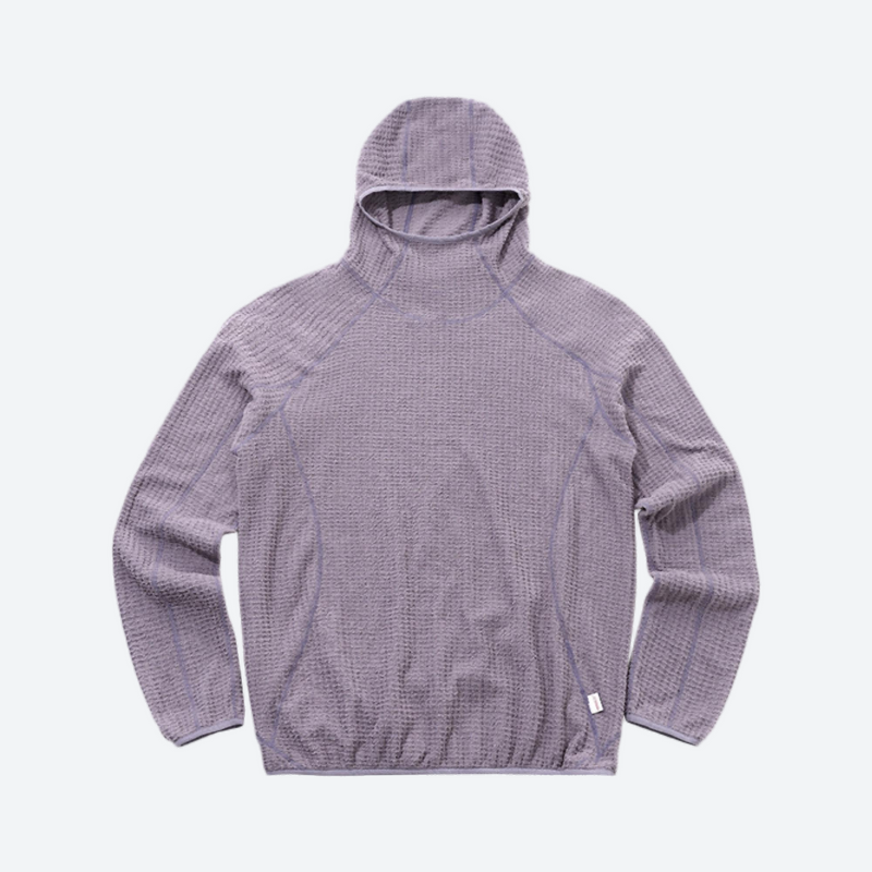 Soft warm air fleece hoodie for outdoor - lavender air fleece hoodie, ghost product view with hood, for travel and city walks