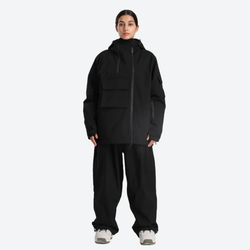 Women's colorblock ski pullover set - black jacket with black pants, for powder days and winter commute