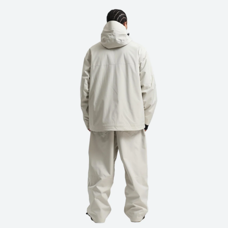 Men's breathable 2L snowboard jacket and pants - off-white cream, on-model back hood view, for powder days and winter commute