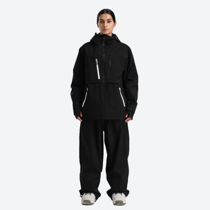 Women's breathable ski jacket with chest zip pockets - black jacket with black pants, for skiing and snowboarding