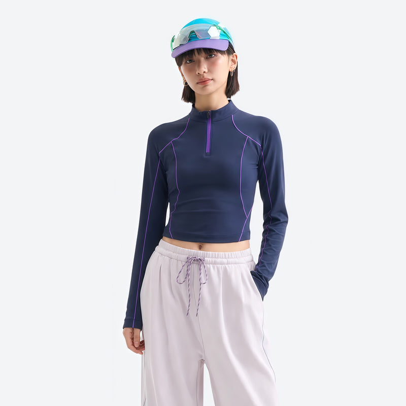 Women's fitted quick-dry breathable tee - navy half-zip long sleeve tee on women, for trail running and outdoor workouts