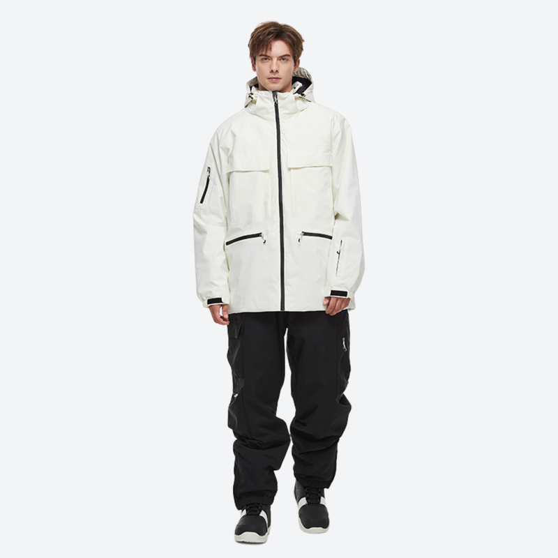 Men's 2-layer snowboard jacket and pants - white jacket with black pants, for resort and street wear