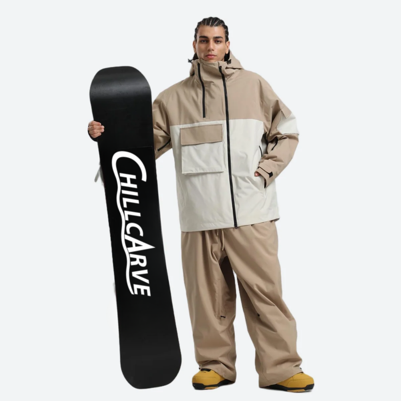 Men's colorblock ski pullover set - tan and cream colorblock jacket with tan pants, for powder days and winter commute