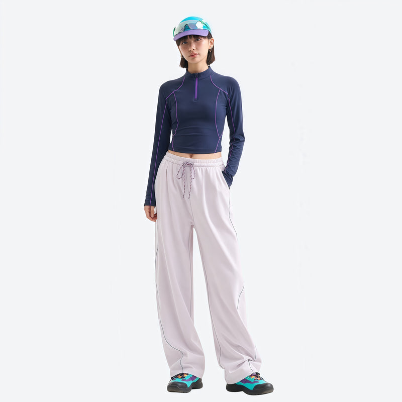 Women's wrinkle-resistant half-zip top - navy half-zip long sleeve tee on women, for cycling and commuting