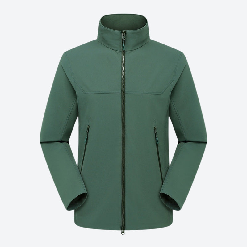 Men's waterproof softshell jacket - green softshell jacket, front view on mannequin, for camping and outdoor wear