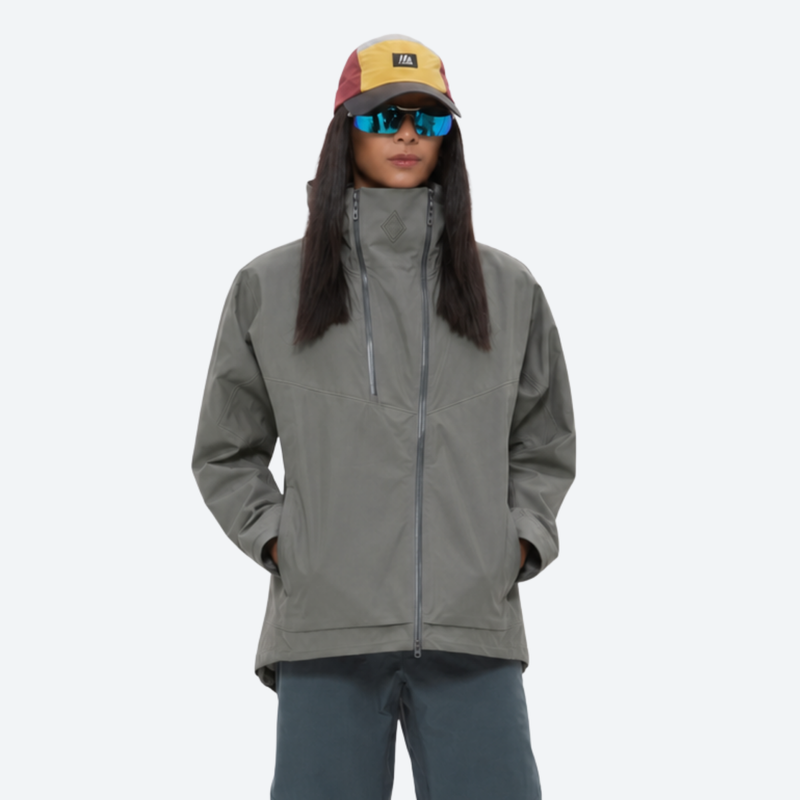 Women's breathable 3-layer shell with high collar hood - gray hardshell jacket, for powder and piste riding
