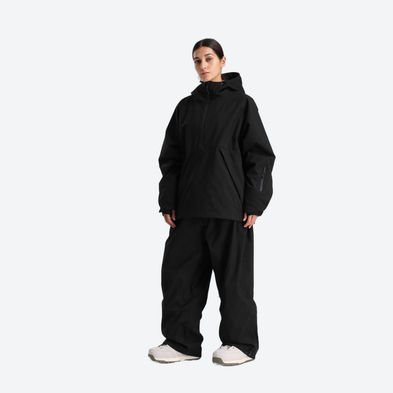 Women's breathable ski pullover jacket and pants set - black anorak jacket with black snow pants, for resort and street wear