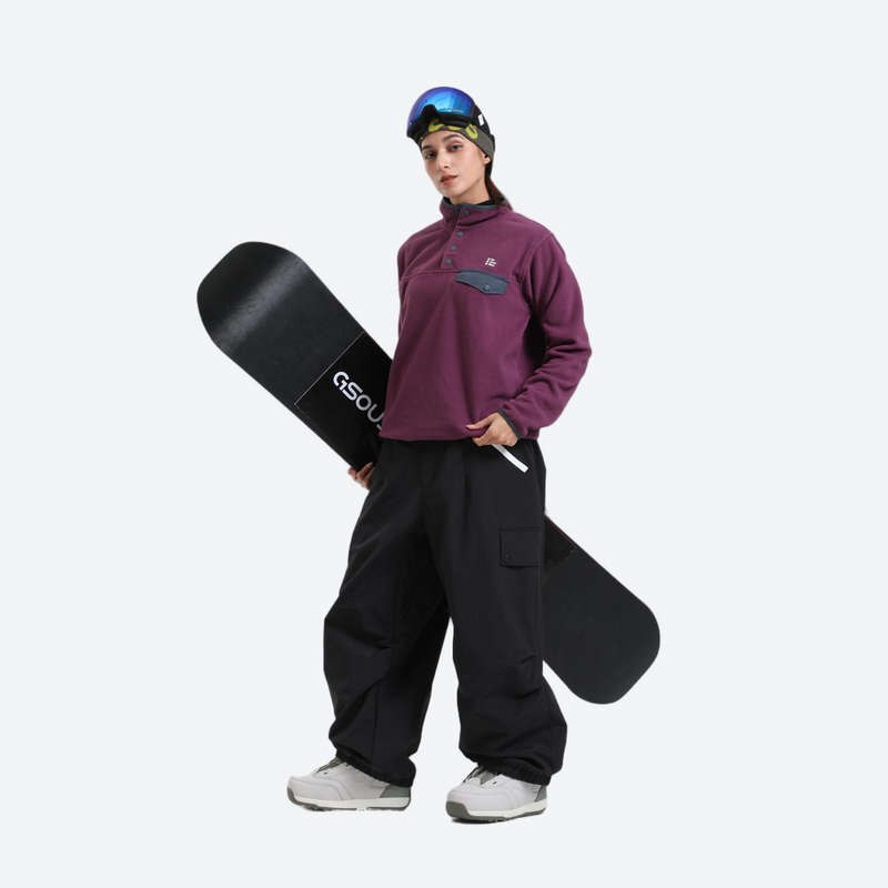 Unisex breathable wide-leg ski pants - black snow pants with purple pullover, for powder days and winter commute