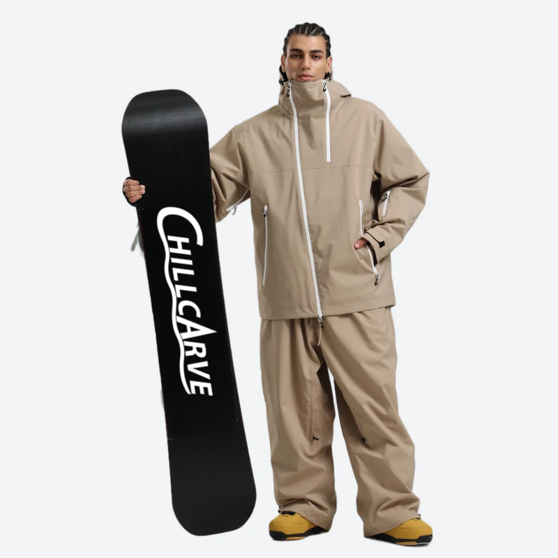 Men's waterproof 2L pullover snow jacket and pants - tan, for cold-weather winter sports