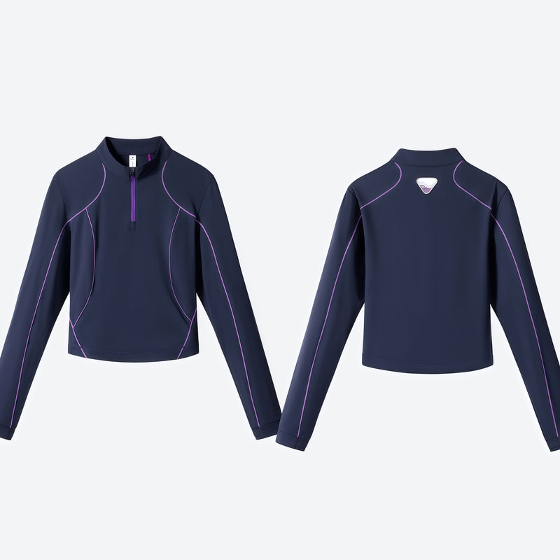 Women's stretchy fitted tee for outdoor - navy half-zip long sleeve tee, flat front and back views, for travel and city walks