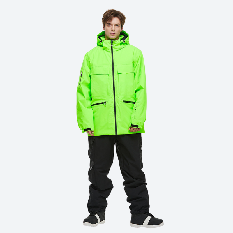 Men's breathable ski jacket with cargo pants - neon green jacket with black pants, for cold-weather winter sports