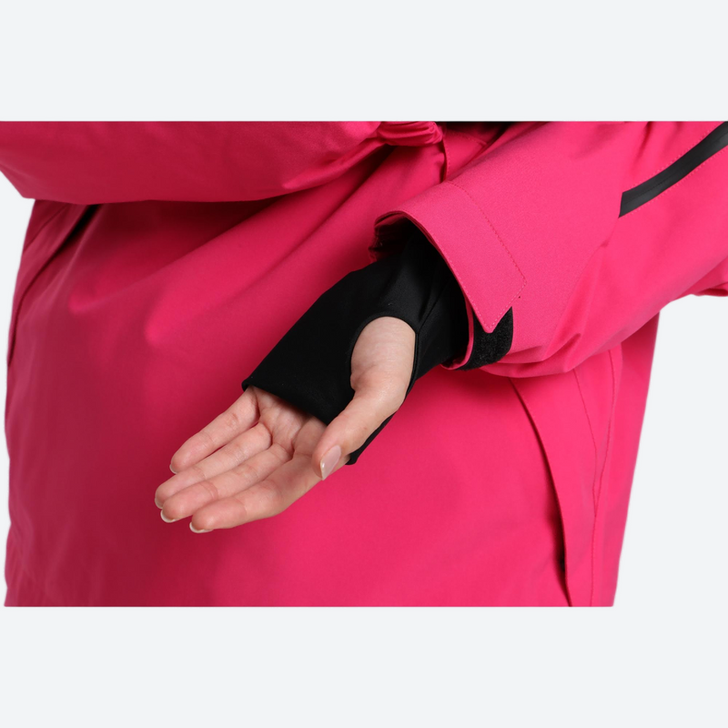 Women's waterproof 2L anorak snow jacket and pants - rose pink, hem pocket close-up with hand, for resort and street wear