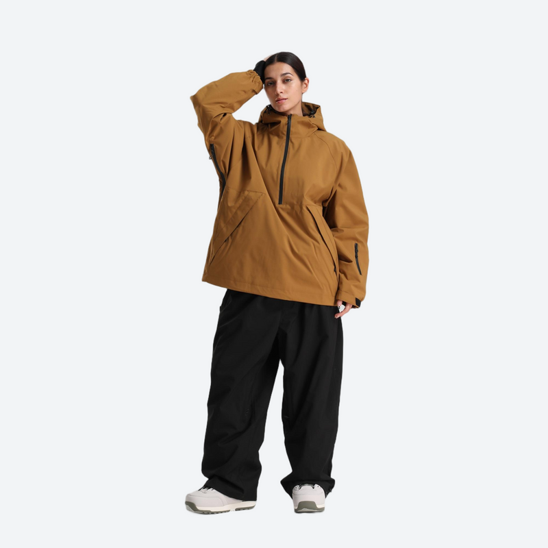 Women's waterproof 2L anorak snow jacket and pants - caramel tan anorak jacket with black pants, for resort and street wear