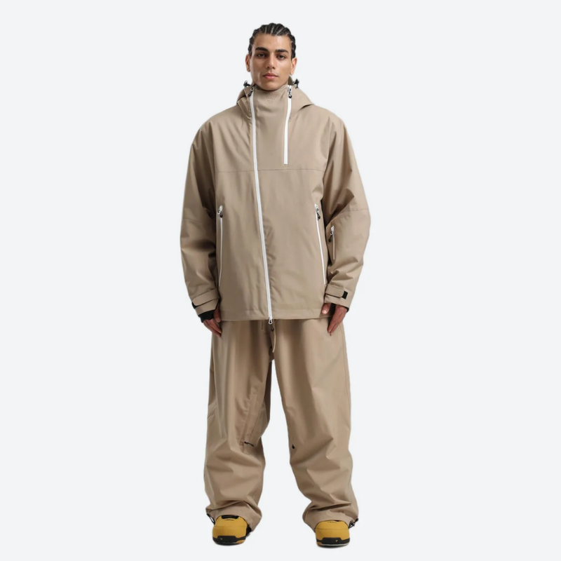 Men's waterproof 2L pullover snow jacket and pants - tan, on-model front view, for skiing and snowboarding