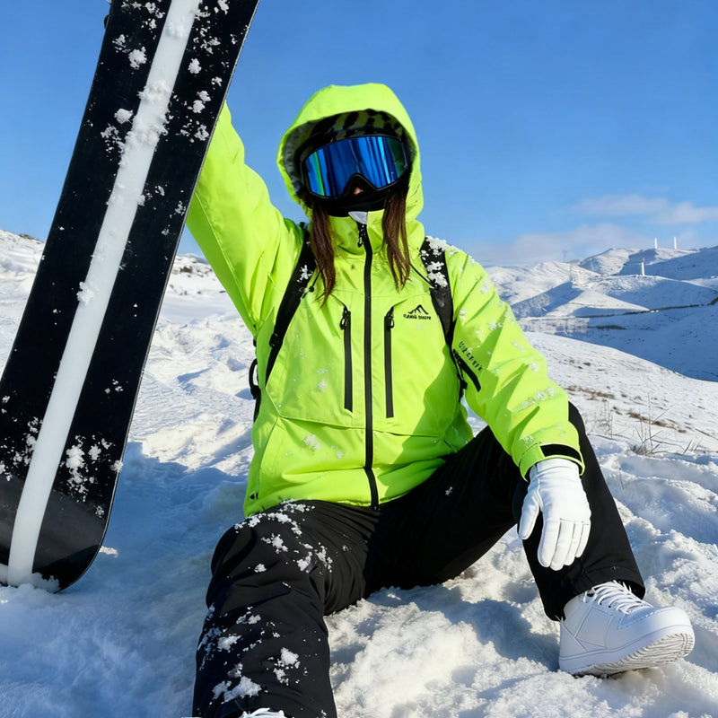 Women's waterproof 3L snow jacket and pants - neon green jacket, for resort and backcountry days