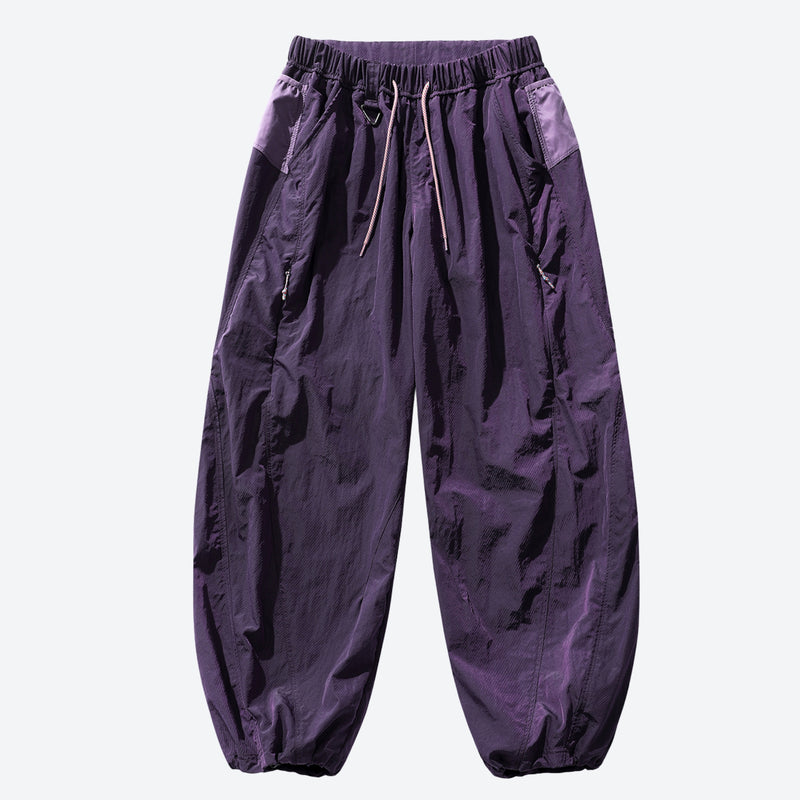 Unisex parachute hiking pants with hidden pockets - purple hiking pants, front product view, for warm-weather adventures