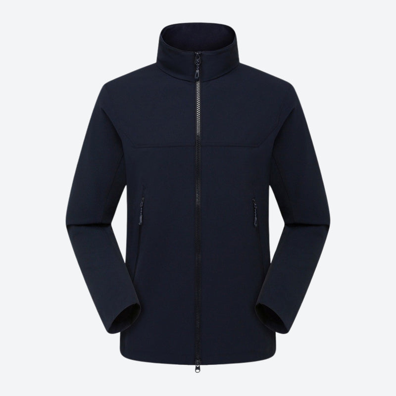 Men's breathable water-repellent softshell shell - navy softshell jacket, front view on mannequin, for hiking and trekking
