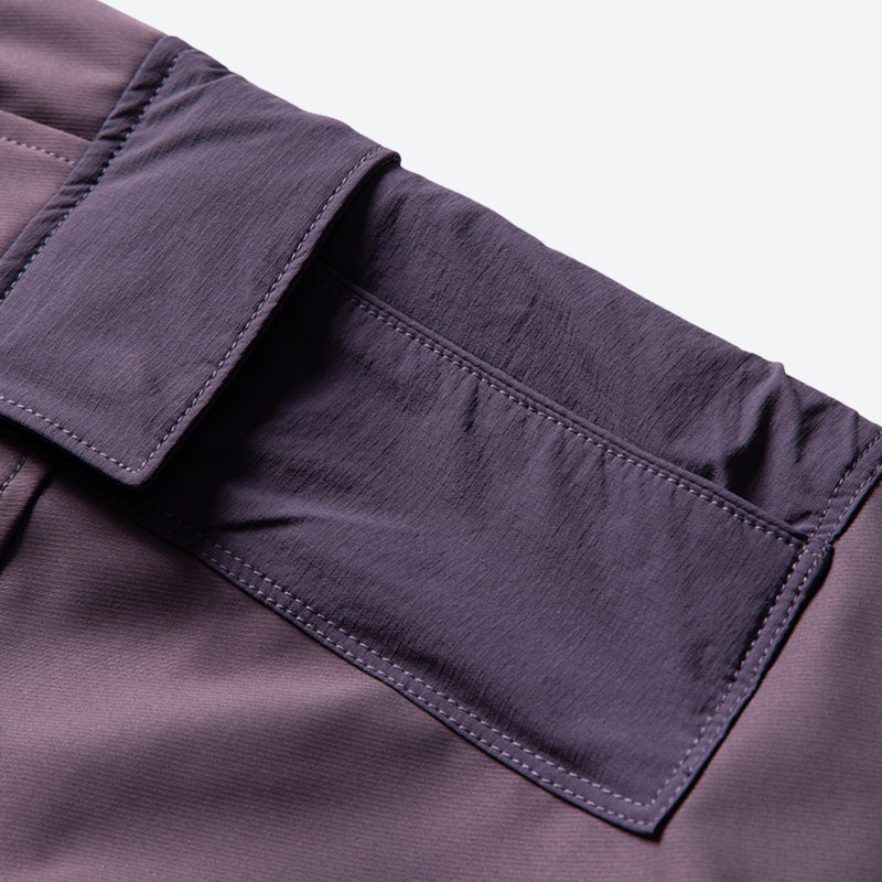 Unisex waterproof softshell jacket and cargo pants - purple, cargo flap pocket close-up detail, for resort and street wear
