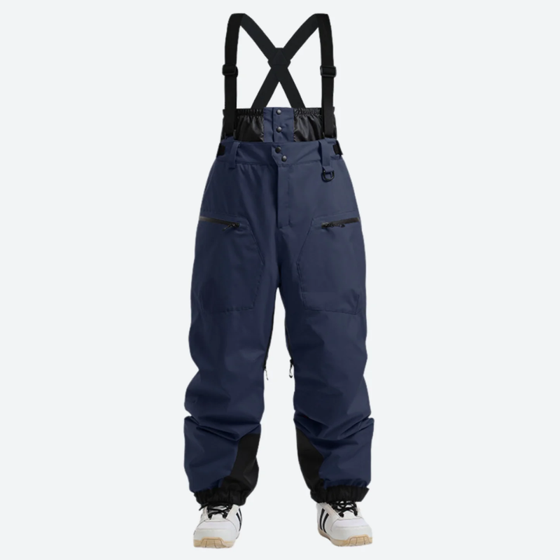 Men's adjustable ski pants with suspenders - navy bib pants, for resort and backcountry days