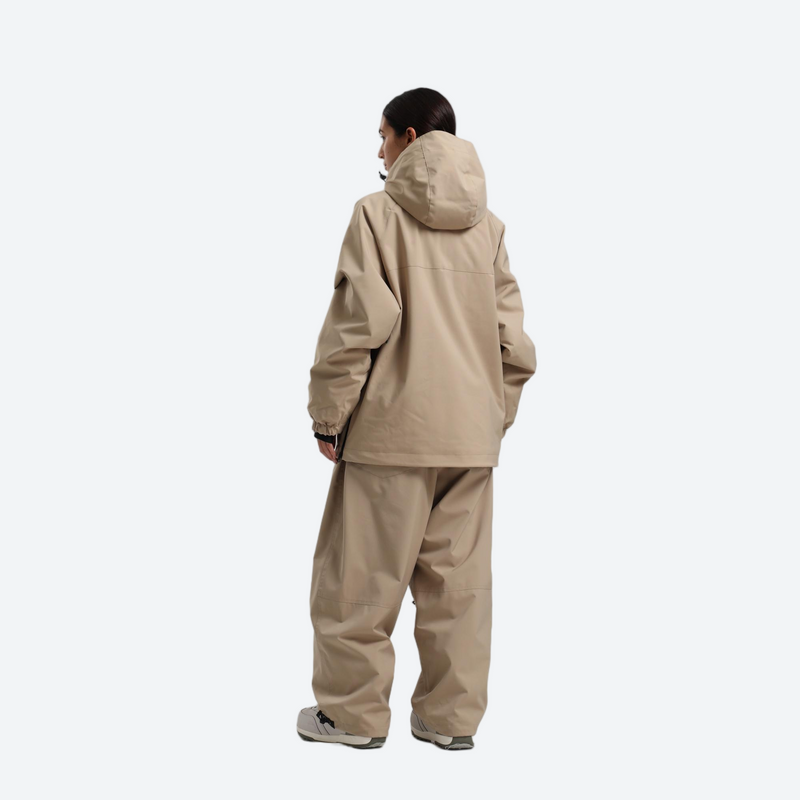 Women's breathable ski pullover jacket and pants set - khaki tan anorak jacket with khaki pants, on-model back hood view