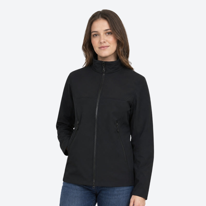 Women's breathable softshell outdoor jacket - black softshell jacket, on-model front view, for hiking and trekking