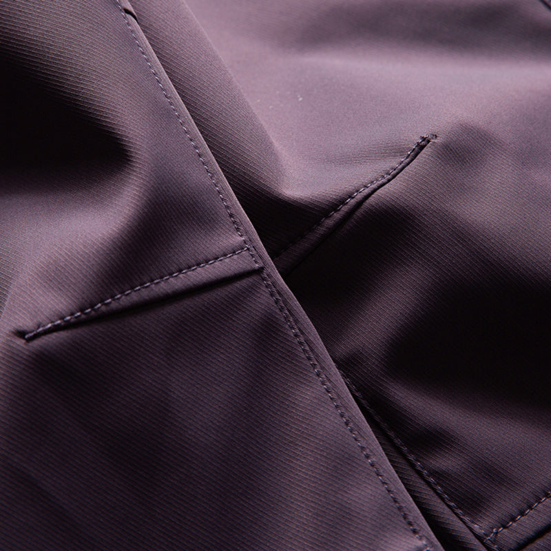 Breathable water-repellent camo softshell set - purple, seam close-up detail, for hiking and travel