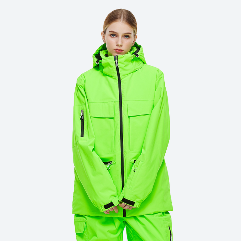 Women's waterproof 2L snow jacket and pants - neon green jacket, on-model front view, for skiing and snowboarding