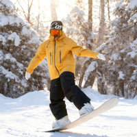 
                  
                    Unisex waterproof 3L snow jacket and pants series - mustard yellow jacket with black pants, for skiing and snowboarding
                  
                
