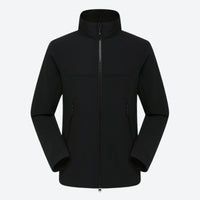 
                  
                    Men's lightweight stretch softshell jacket - black softshell jacket, front view on mannequin, for camping and outdoor wear
                  
                