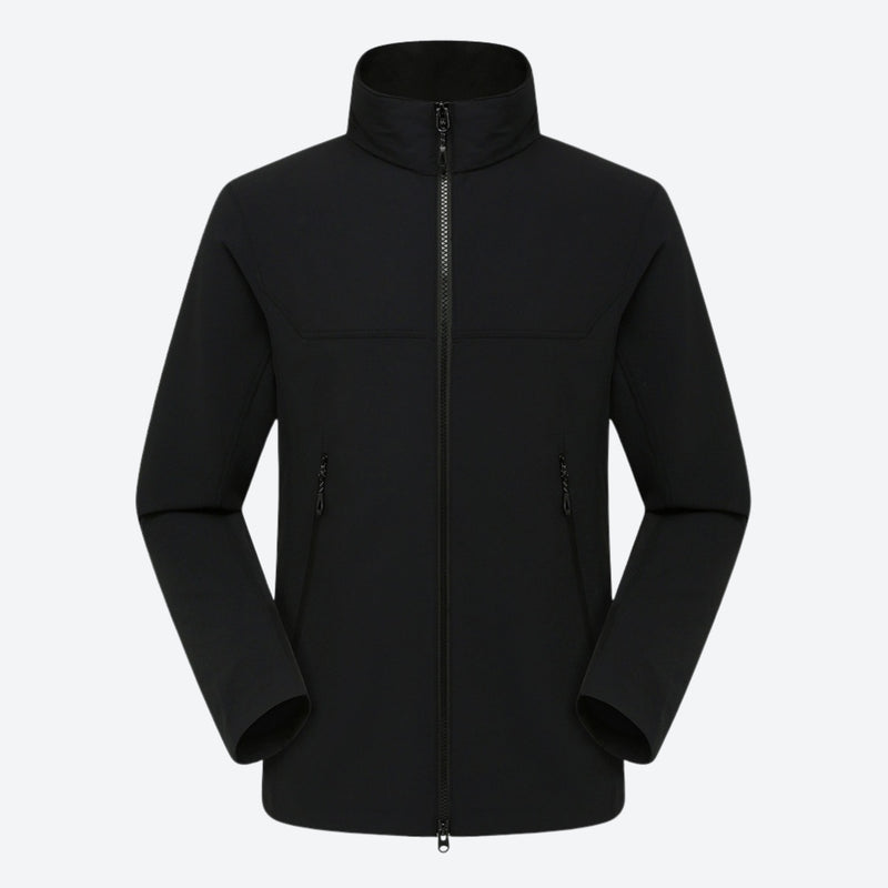 Men's lightweight stretch softshell jacket - black softshell jacket, front view on mannequin, for camping and outdoor wear