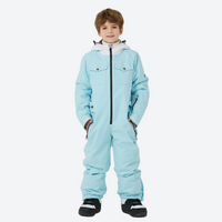 
                  
                    Kids breathable 2-layer jumpsuit ski suit - ice blue kids one-piece snow suit, on-model front view, for family resort trips
                  
                