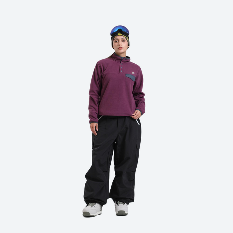 Unisex breathable wide-leg ski pants - black snow pants with purple pullover, for cold-weather winter sports