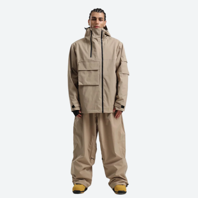 Men's breathable 2-layer snowboard jacket and pants - tan jacket with tan pants, for cold-weather winter sports